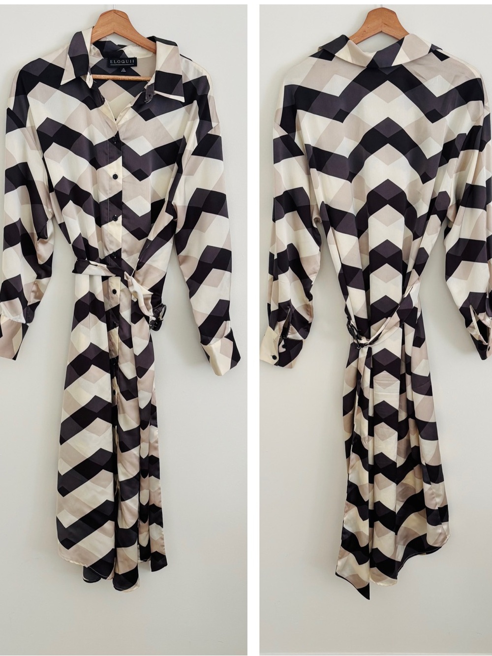 Eloquii Satin Shirt Dress in Black and Cream Geometric Print